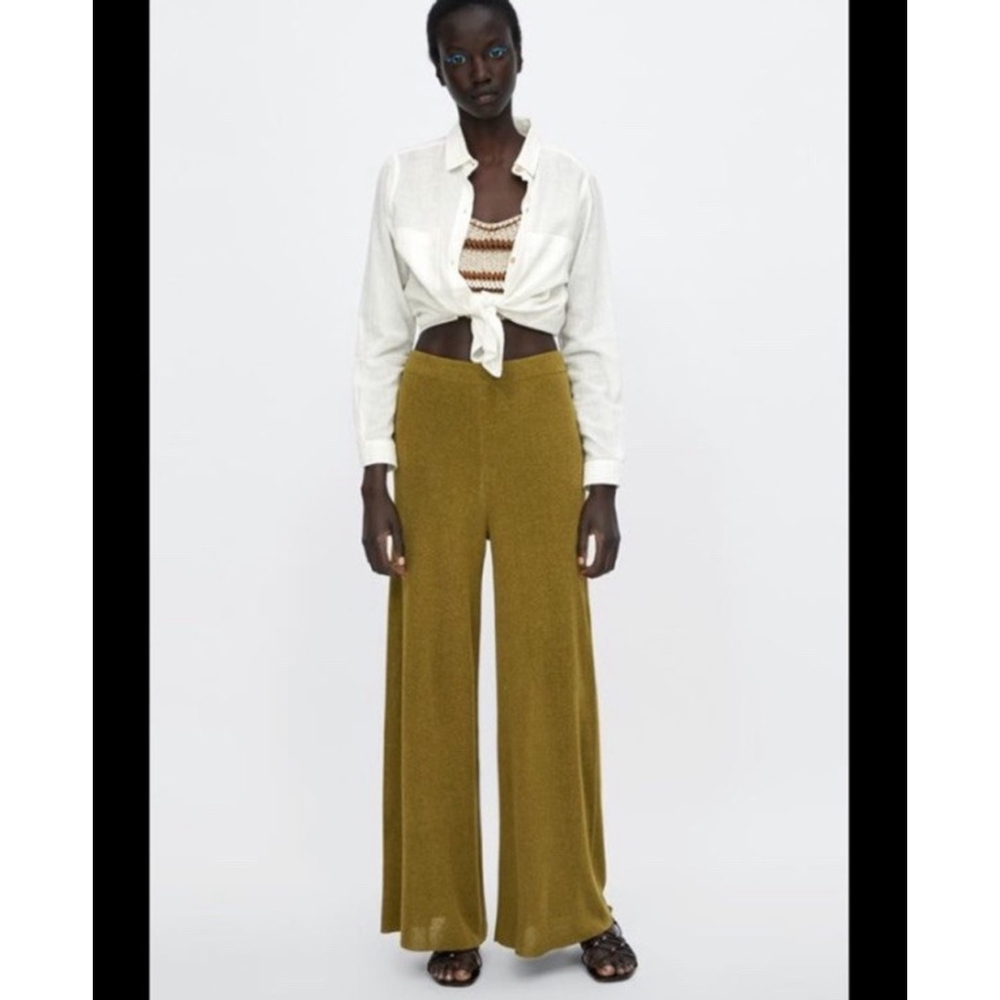 Zara khaki green linen knit flared palazzo pants NWT Size M Semi-Sheer - Picture 2 of 7